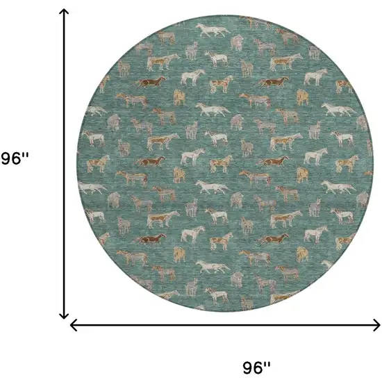 8' Green And Beige Round Horse Washable Indoor Outdoor Area Rug Photo 7