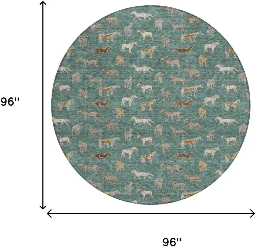 8' Green And Beige Round Horse Washable Indoor Outdoor Area Rug Photo 7