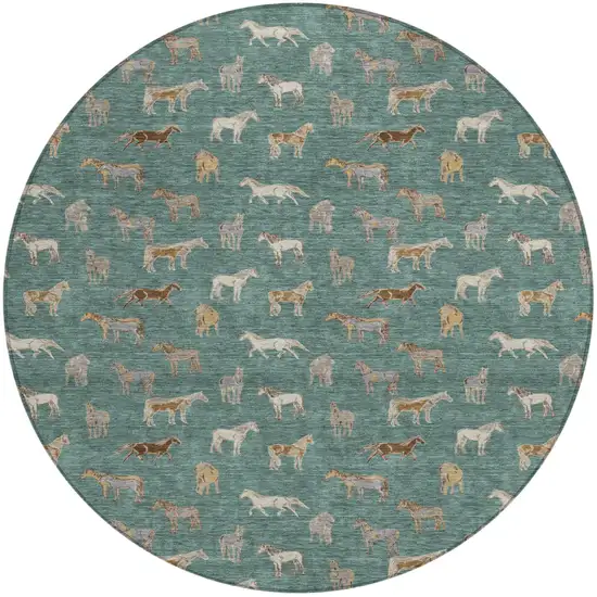 8' Green And Beige Round Horse Washable Indoor Outdoor Area Rug Photo 2