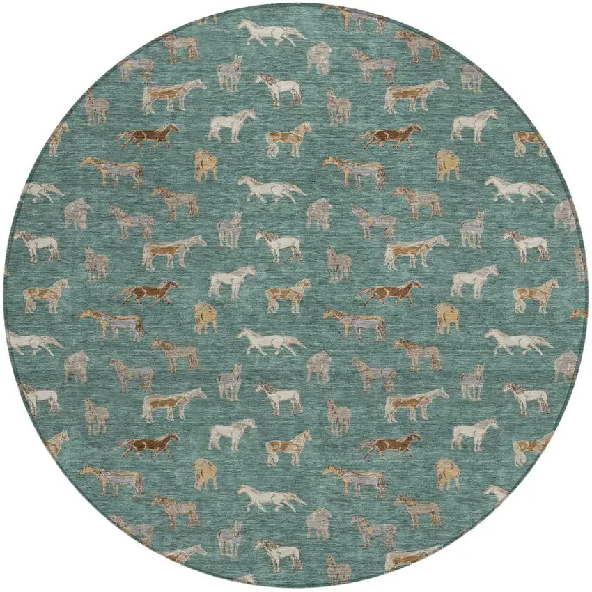 8' Green And Beige Round Horse Washable Indoor Outdoor Area Rug Photo 2