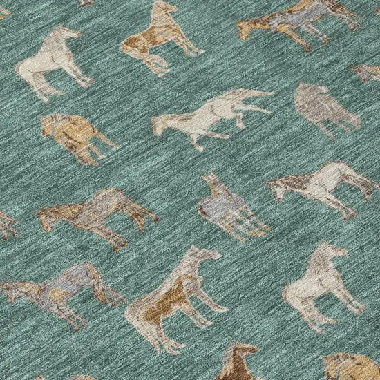 8' Green And Beige Round Horse Washable Indoor Outdoor Area Rug Photo 6