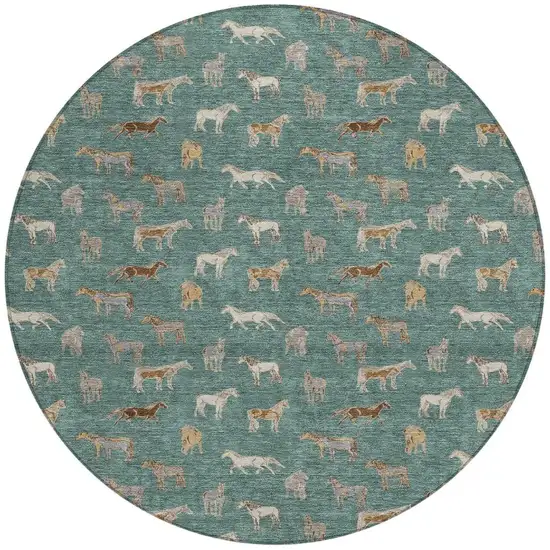 8' Green And Beige Round Horse Washable Indoor Outdoor Area Rug Photo 4
