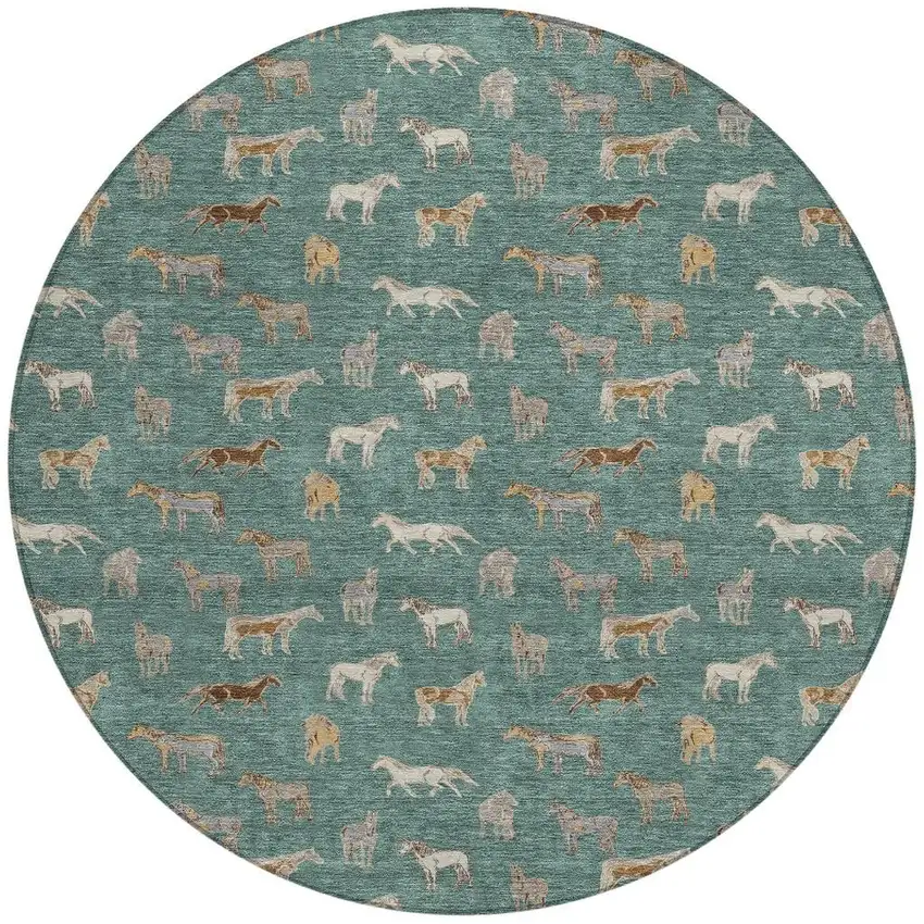 8' Green And Beige Round Horse Washable Indoor Outdoor Area Rug Photo 4