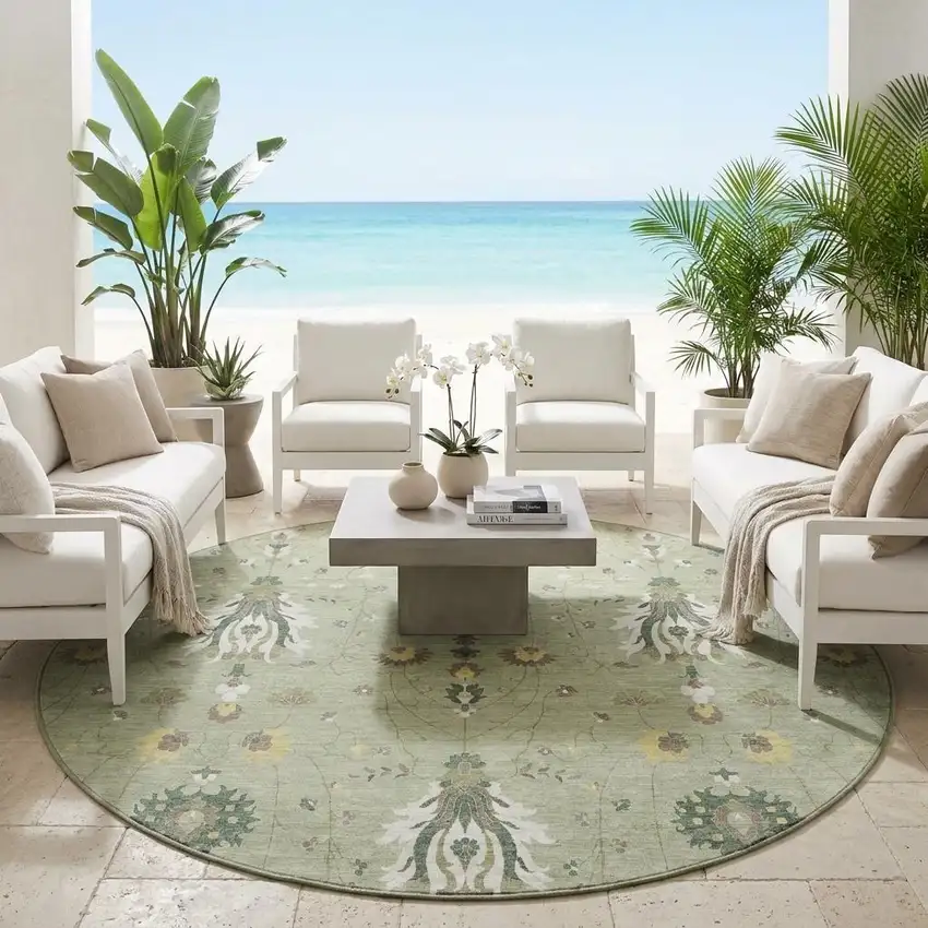 8' Green And Beige Round Oriental Washable Indoor Outdoor Area Rug Photo 1