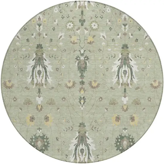 8' Green And Beige Round Oriental Washable Indoor Outdoor Area Rug Photo 2