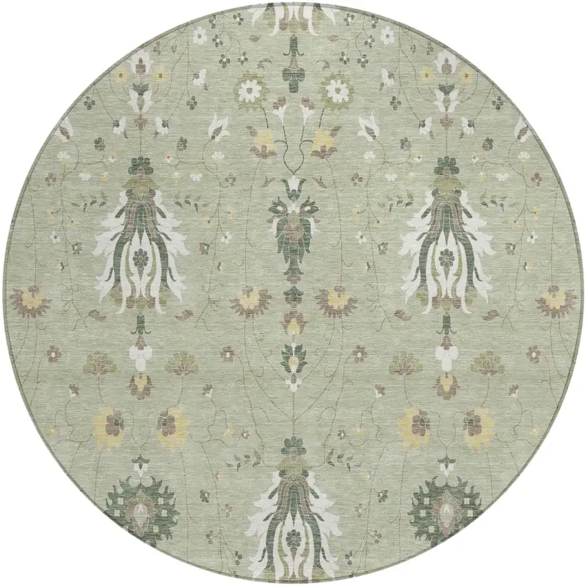 8' Green And Beige Round Oriental Washable Indoor Outdoor Area Rug Photo 2