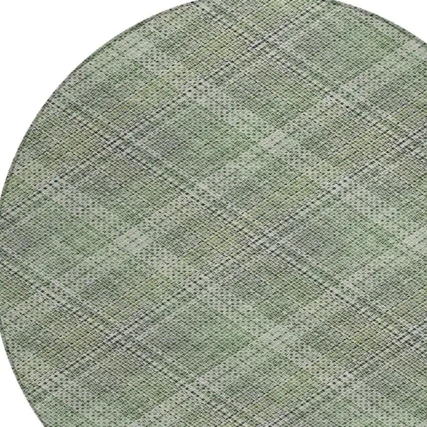 8' Green And Beige Round Plaid Washable Indoor Outdoor Area Rug Photo 8