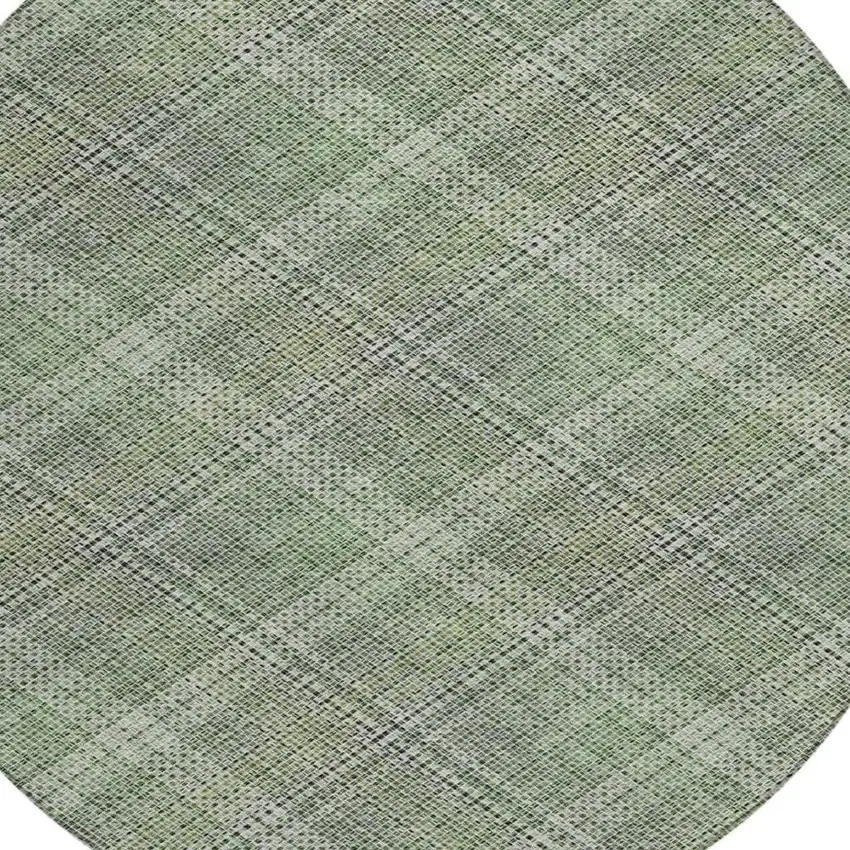 8' Green And Beige Round Plaid Washable Indoor Outdoor Area Rug Photo 7