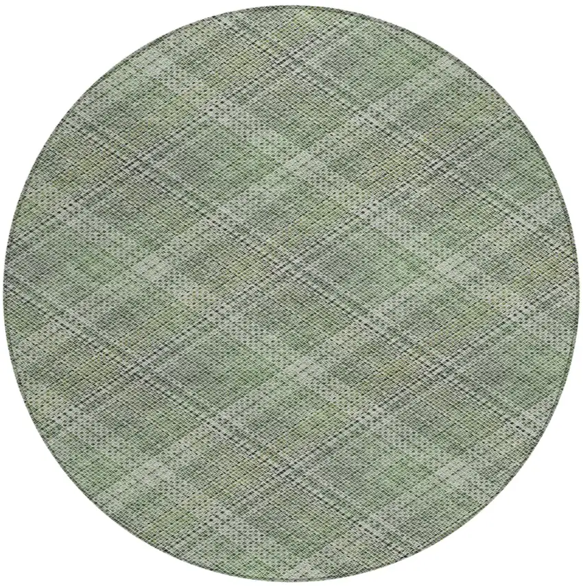 8' Green And Beige Round Plaid Washable Indoor Outdoor Area Rug Photo 3