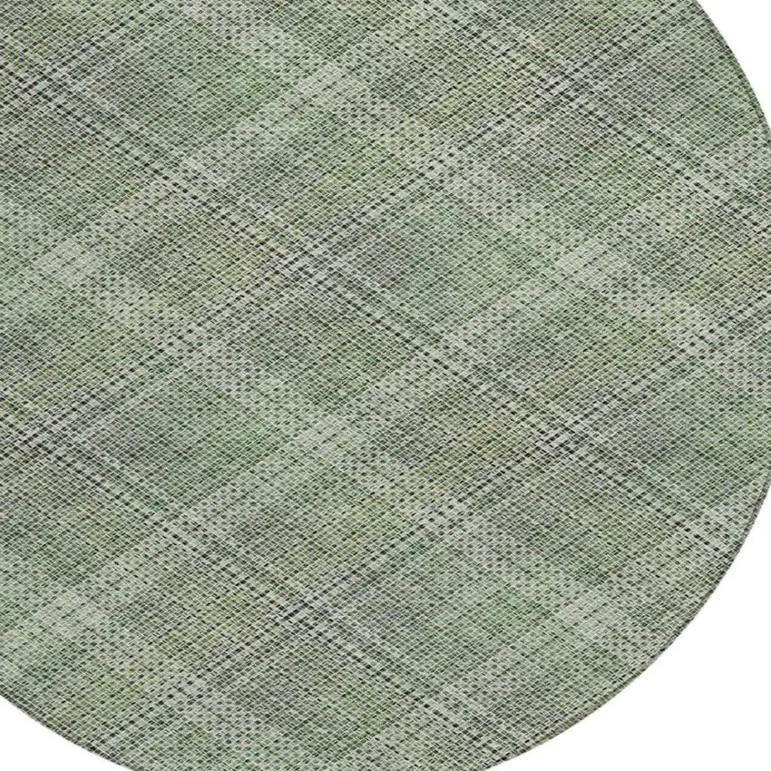 8' Green And Beige Round Plaid Washable Indoor Outdoor Area Rug Photo 2