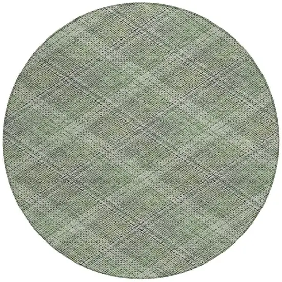 8' Green And Beige Round Plaid Washable Indoor Outdoor Area Rug Photo 1
