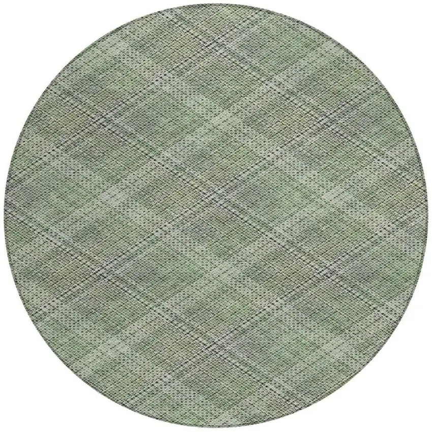 8' Green And Beige Round Plaid Washable Indoor Outdoor Area Rug Photo 1
