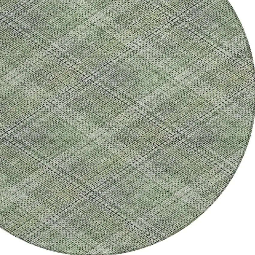 8' Green And Beige Round Plaid Washable Indoor Outdoor Area Rug Photo 4