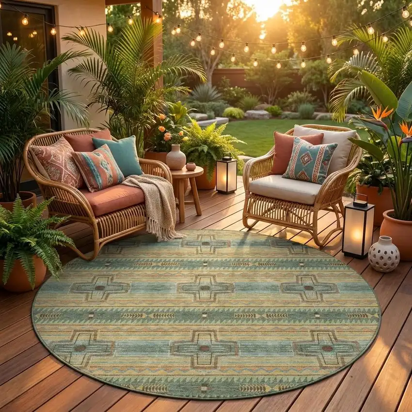 8' Green And Beige Round Tribal Washable Indoor Outdoor Area Rug Photo 1