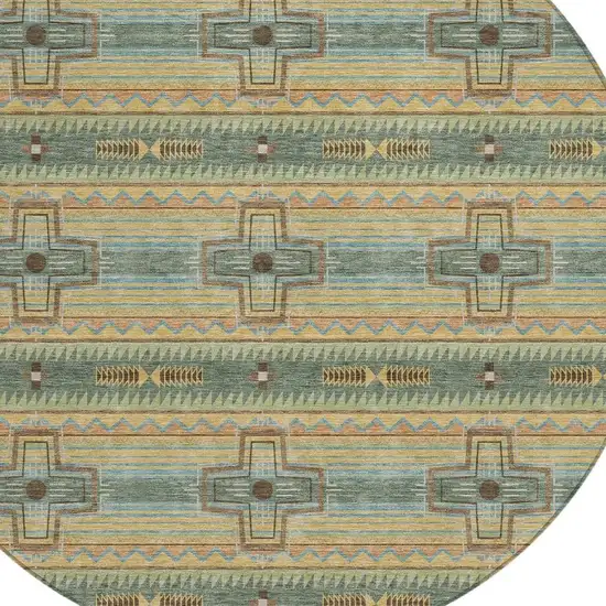 8' Green And Beige Round Tribal Washable Indoor Outdoor Area Rug Photo 5