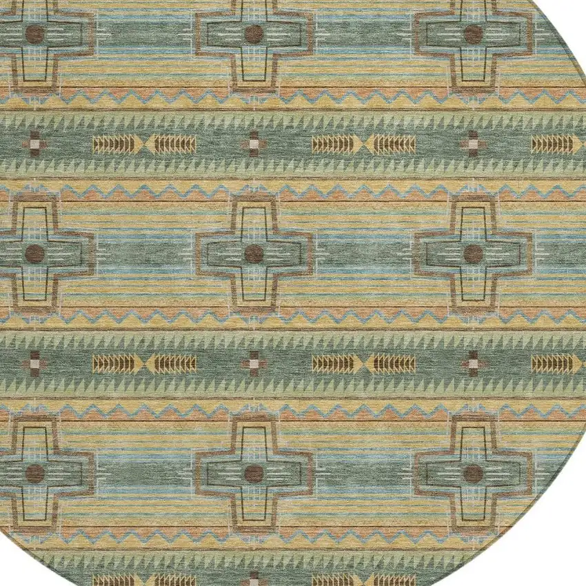 8' Green And Beige Round Tribal Washable Indoor Outdoor Area Rug Photo 5