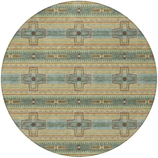 8' Green And Beige Round Tribal Washable Indoor Outdoor Area Rug Photo 3