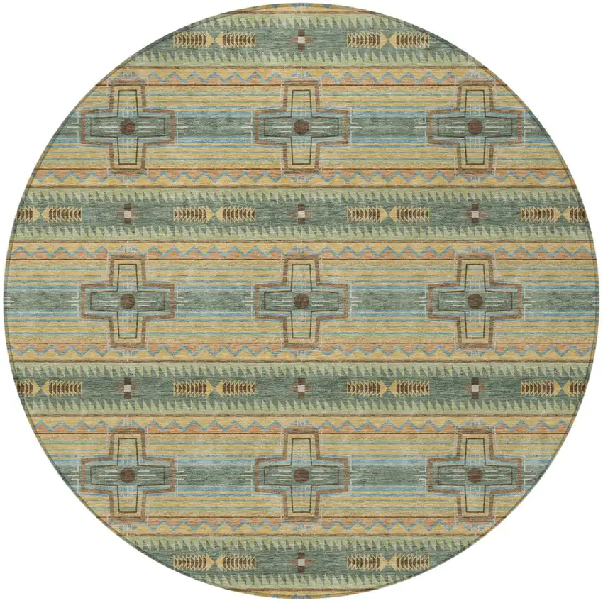 8' Green And Beige Round Tribal Washable Indoor Outdoor Area Rug Photo 3