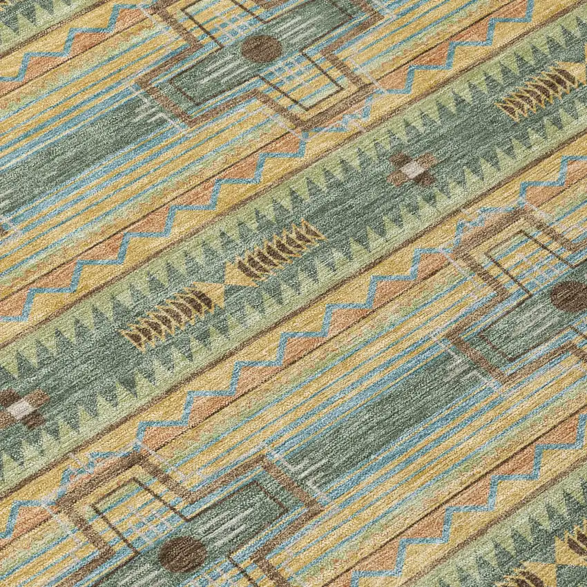 8' Green And Beige Round Tribal Washable Indoor Outdoor Area Rug Photo 6
