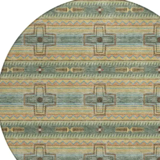 8' Green And Beige Round Tribal Washable Indoor Outdoor Area Rug Photo 4