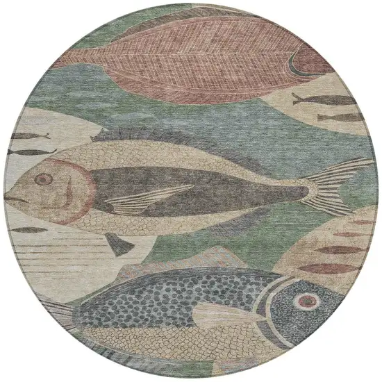8' Green And Beige Round Tropical Fish Washable Indoor Outdoor Area Rug Photo 3