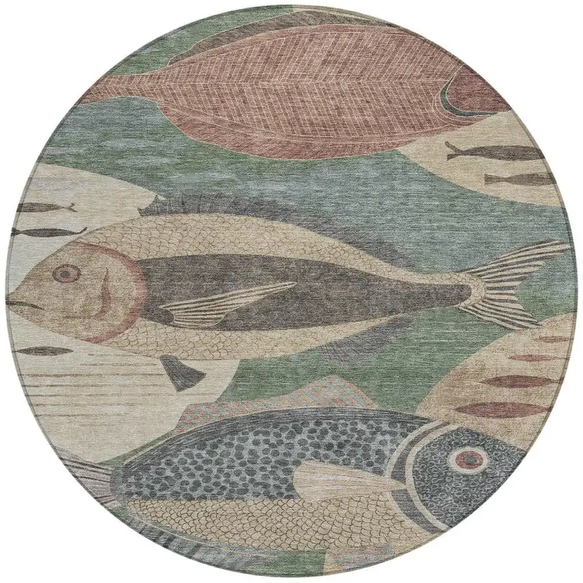 8' Green And Beige Round Tropical Fish Washable Indoor Outdoor Area Rug Photo 3
