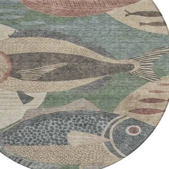 8' Green And Beige Round Tropical Fish Washable Indoor Outdoor Area Rug Photo 2