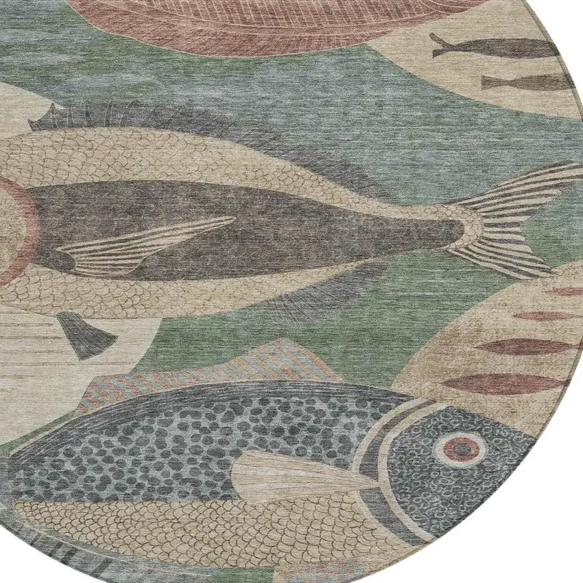 8' Green And Beige Round Tropical Fish Washable Indoor Outdoor Area Rug Photo 2