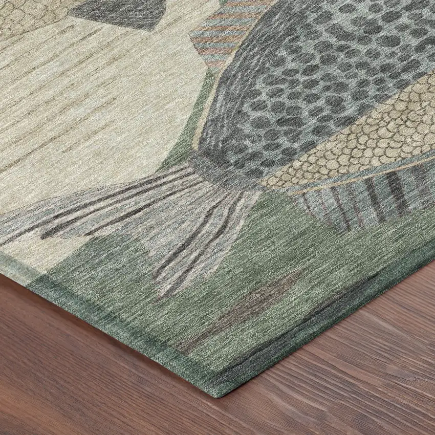 8' Green And Beige Round Tropical Fish Washable Indoor Outdoor Area Rug Photo 6