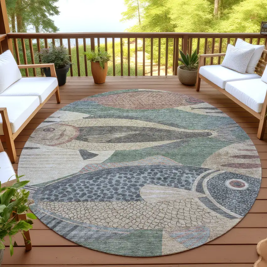 8' Green And Beige Round Tropical Fish Washable Indoor Outdoor Area Rug Photo 4