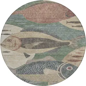 Photo of 8' Green And Beige Round Tropical Fish Washable Indoor Outdoor Area Rug