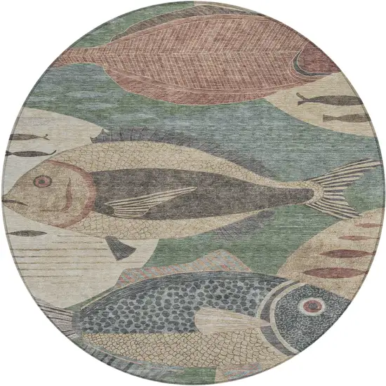 8' Green And Beige Round Tropical Fish Washable Indoor Outdoor Area Rug Photo 1