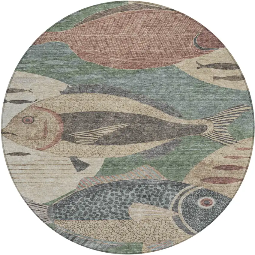 8' Green And Beige Round Tropical Fish Washable Indoor Outdoor Area Rug Photo 1
