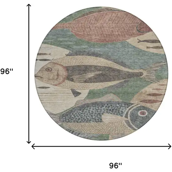 8' Green And Beige Round Tropical Fish Washable Indoor Outdoor Area Rug Photo 8