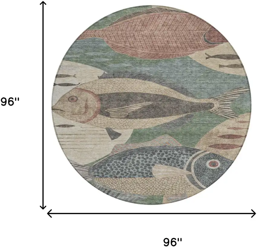 8' Green And Beige Round Tropical Fish Washable Indoor Outdoor Area Rug Photo 8