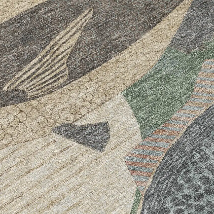 8' Green And Beige Round Tropical Fish Washable Indoor Outdoor Area Rug Photo 7