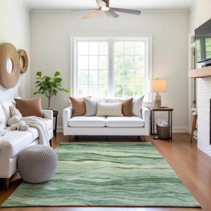 8' Green And Beige Striped Washable Area Rug With UV Protection Photo 5