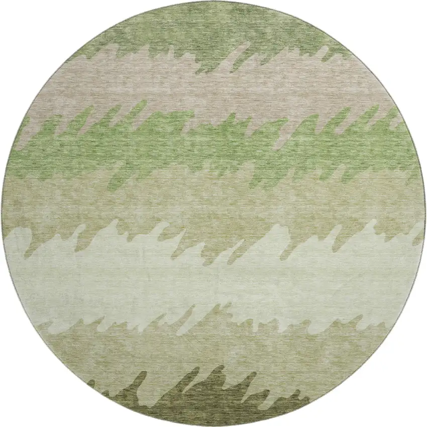 8' Green And Beige Striped Washable Round Rug With UV Protection Photo 1