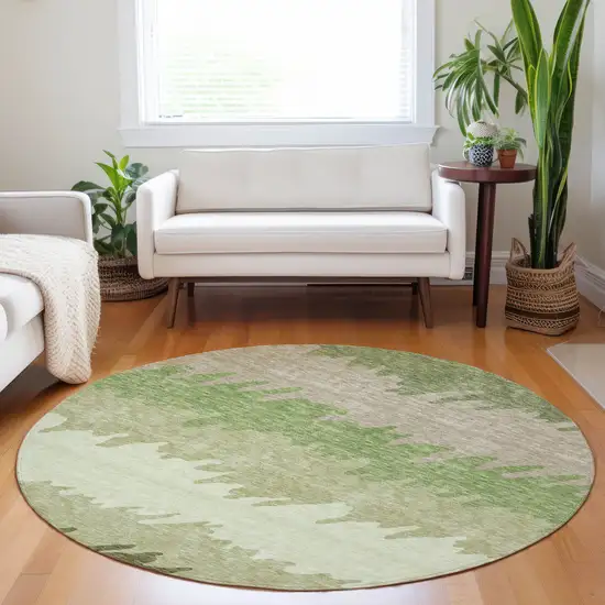 8' Green And Beige Striped Washable Round Rug With UV Protection Photo 5
