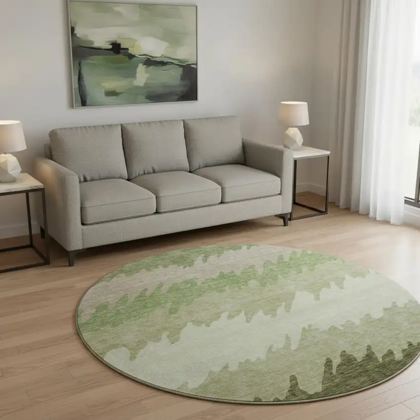 8' Green And Beige Striped Washable Round Rug With UV Protection Photo 2