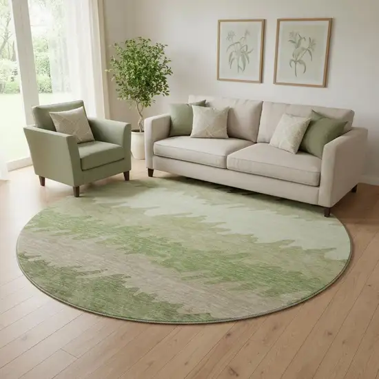 8' Green And Beige Striped Washable Round Rug With UV Protection Photo 1