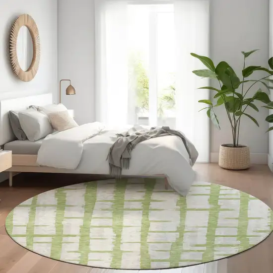 8' Green And Beige Striped Washable Round Rug With UV Protection Photo 5
