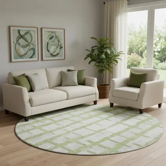 8' Green And Beige Striped Washable Round Rug With UV Protection Photo 1