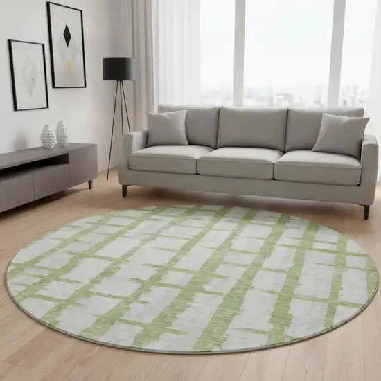 8' Green And Beige Striped Washable Round Rug With UV Protection Photo 2