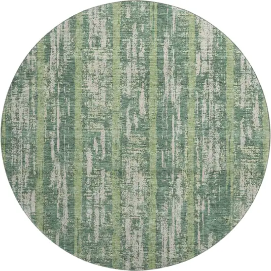 8' Green And Beige Striped Washable Round Rug With UV Protection Photo 1