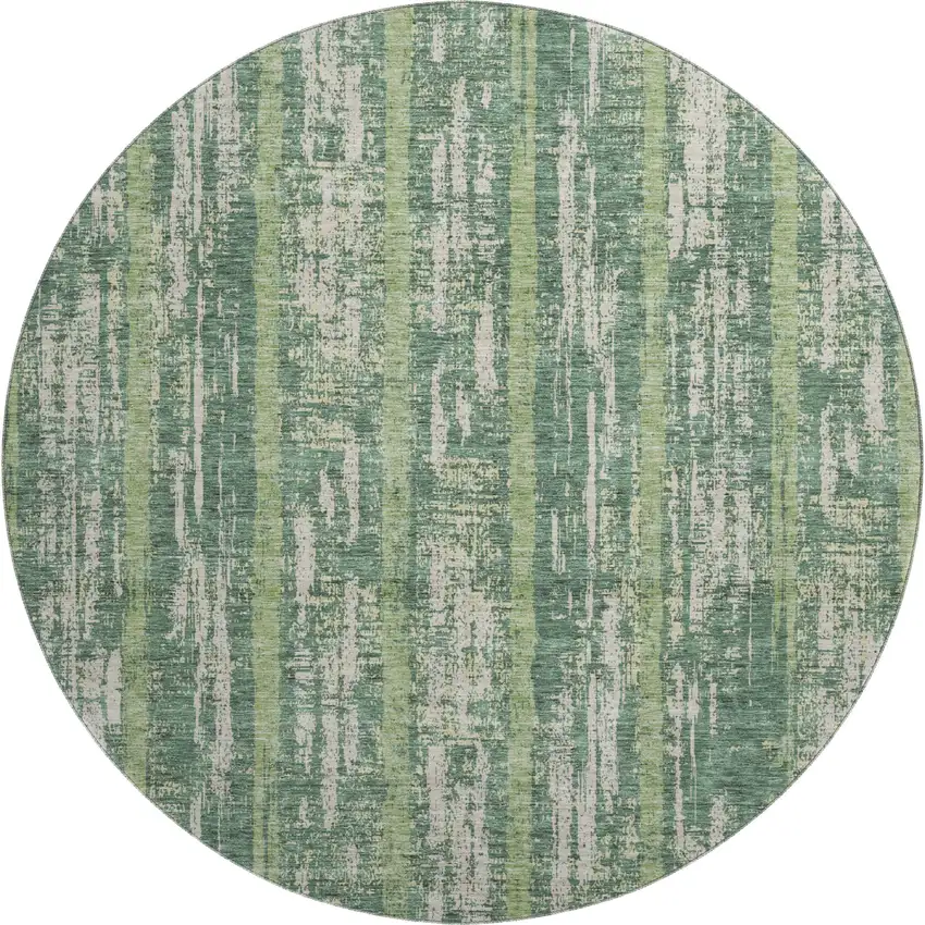 8' Green And Beige Striped Washable Round Rug With UV Protection Photo 1