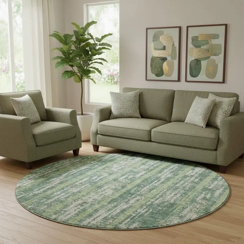 8' Green And Beige Striped Washable Round Rug With UV Protection Photo 1