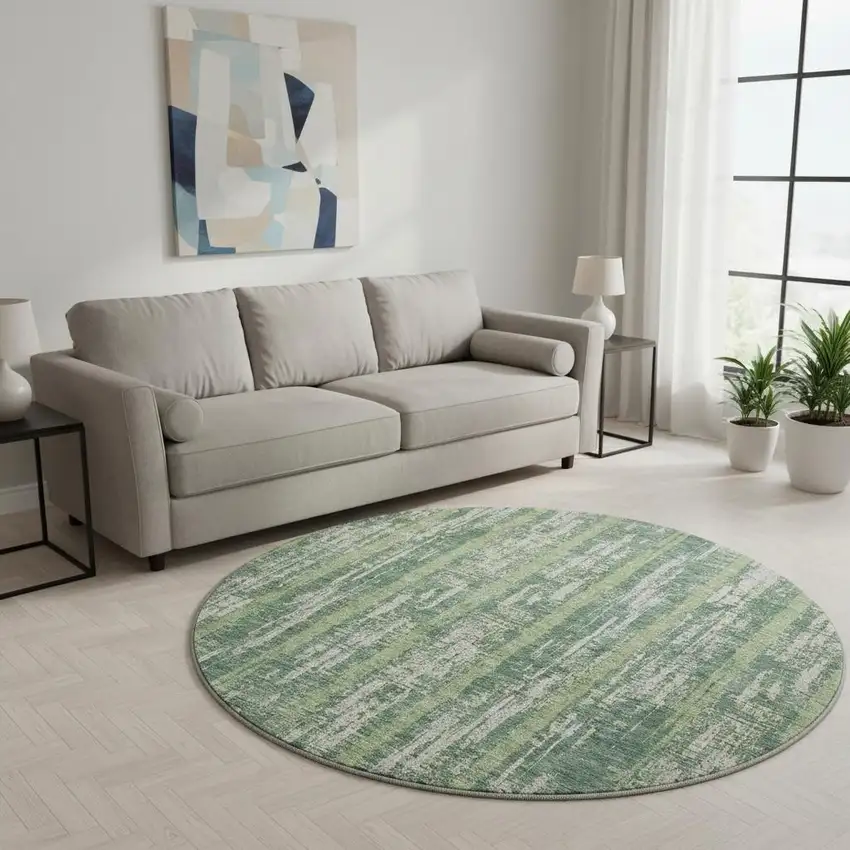 8' Green And Beige Striped Washable Round Rug With UV Protection Photo 2