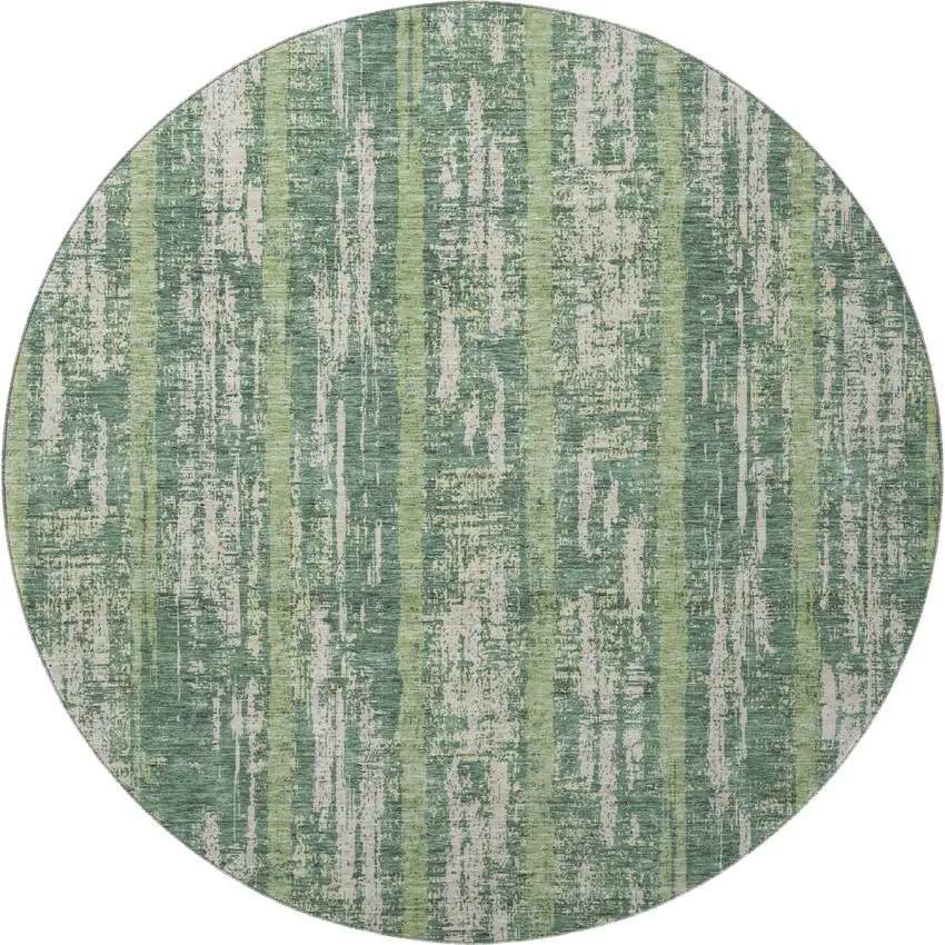 8' Green And Beige Striped Washable Round Rug With UV Protection Photo 4