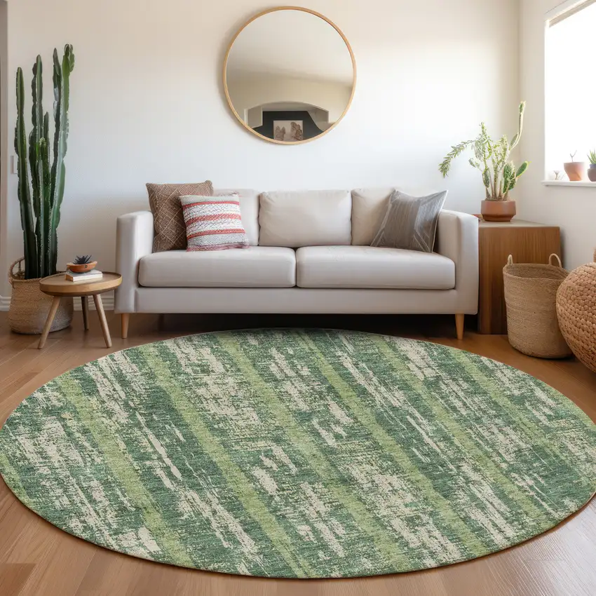 8' Green And Beige Striped Washable Round Rug With UV Protection Photo 5